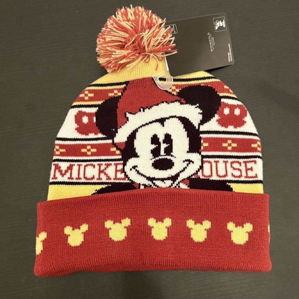 Mickey Mouse Knit Pom Pom Beanie Yellow and Red NWT